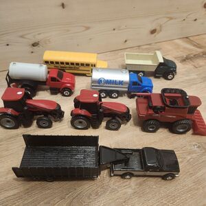 Lot Of 9 Ertl Diecast Case Tractor Combine Dump Trailer Milk Truck School Bus